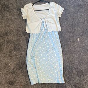 Blue dress with white top